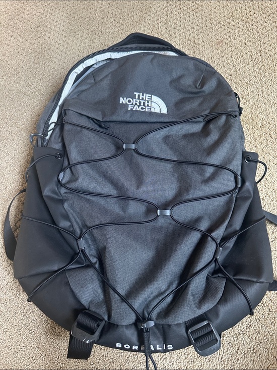 north face backpack front elastic bungee for external storage The North Face Black Borealis-Style Backpack with Front Bungee